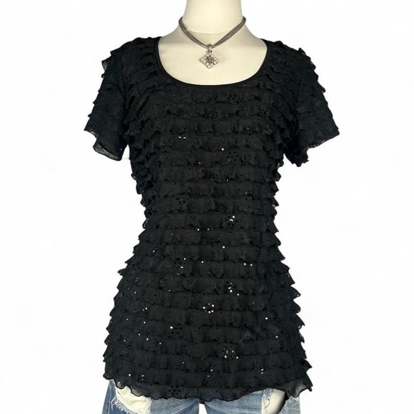 The Unbranded Brand Tops - Y2K JKLA Sequin Ruffled Black Short Sleeve Top Womens L Goth Glam Bling